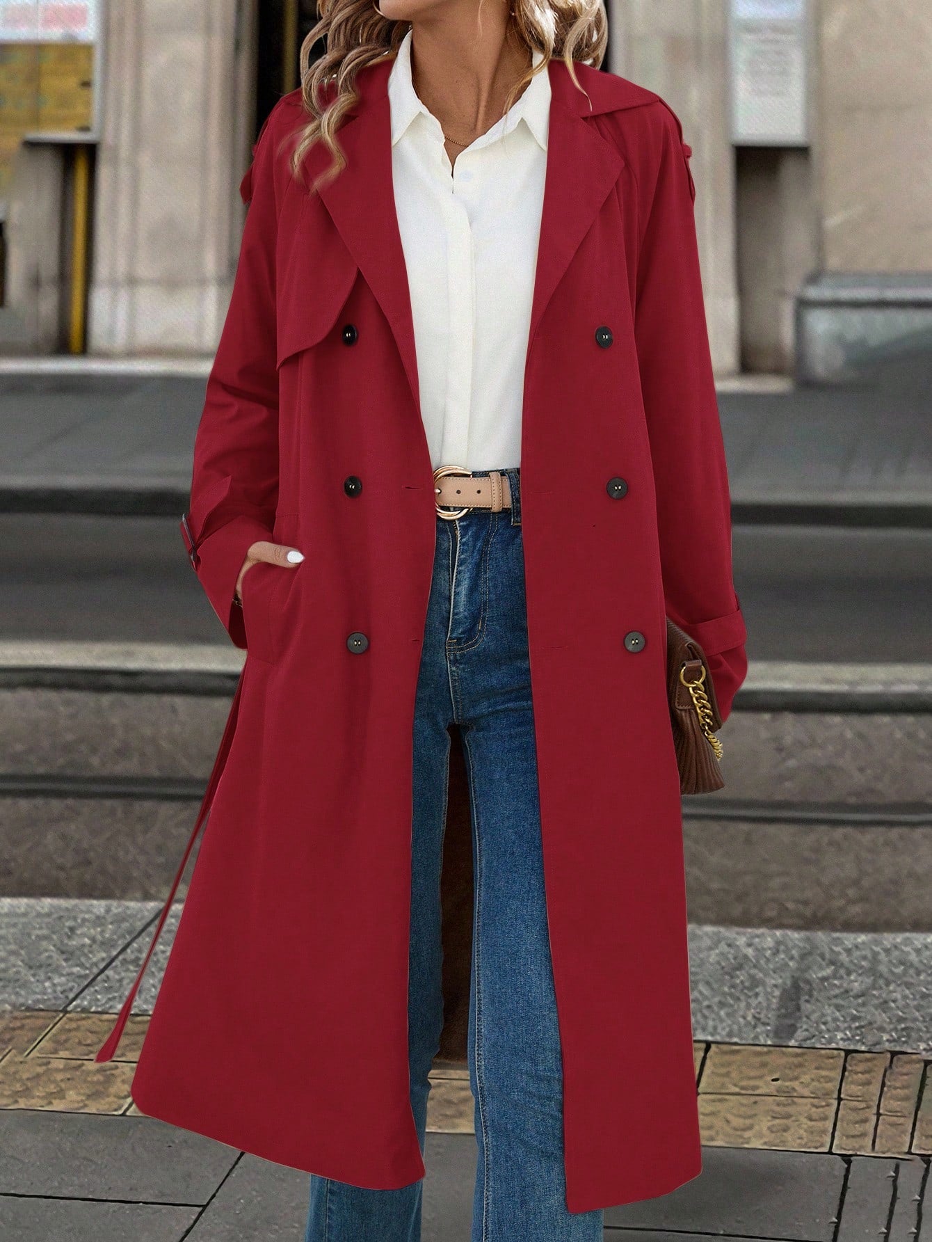 Solivie Manteau trench casual long doublé thermique à manches raglan et couleur unie pour femmes