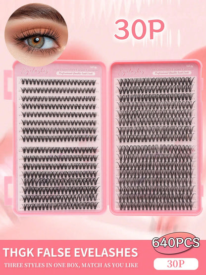 640 pièces Extensions de cils individuelles, Frisure D 30D 8-16mm