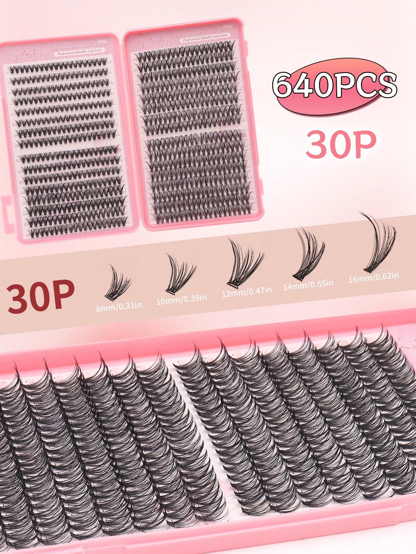 640 pièces Extensions de cils individuelles, Frisure D 30D 8-16mm