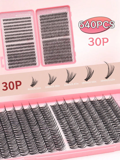 640 pièces Extensions de cils individuelles, Frisure D 30D 8-16mm