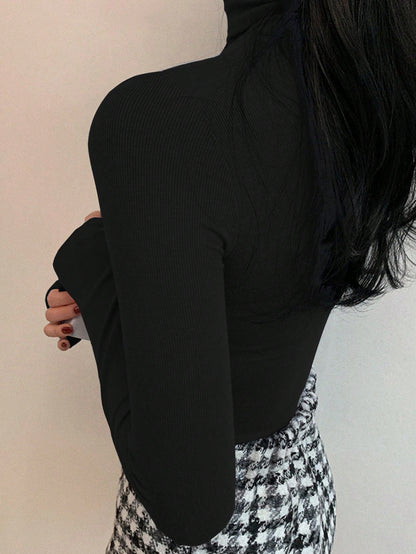 DAZY Femmes Couleur Unie Décontractée Polyvalente Col Roulé T-Shirt Moulant à Manches Longues