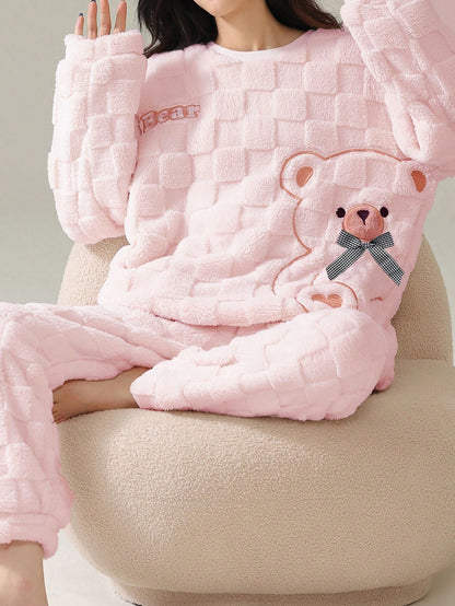 Pyjama en laine rayé mignon Ensemble de pyjama en flanelle de laine confortable avec motif d'ours