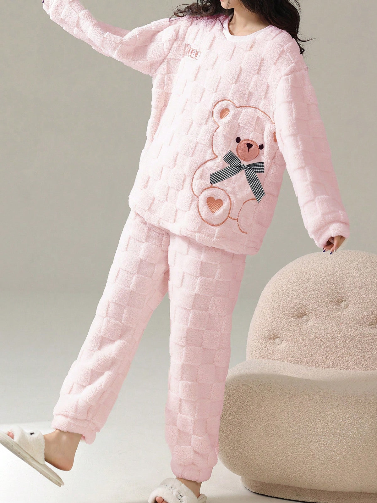 Pyjama en laine rayé mignon Ensemble de pyjama en flanelle de laine confortable avec motif d'ours