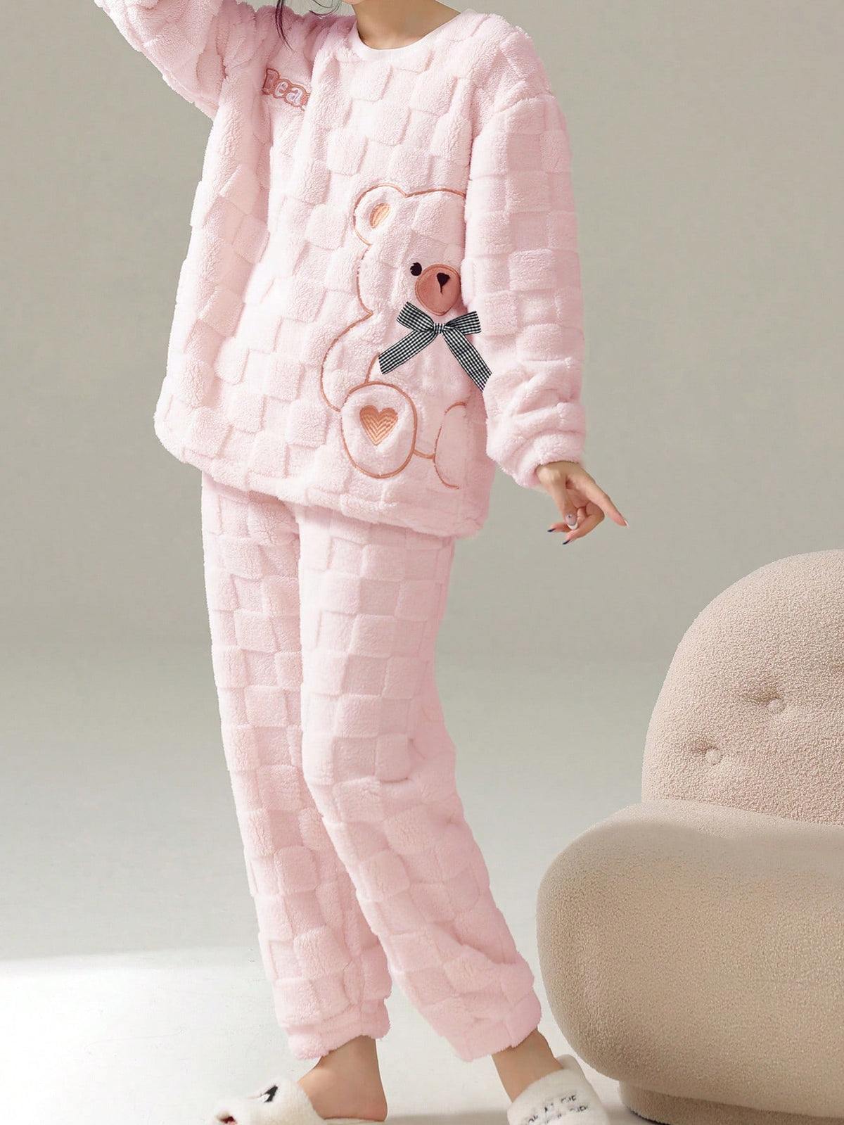 Pyjama en laine rayé mignon Ensemble de pyjama en flanelle de laine confortable avec motif d'ours