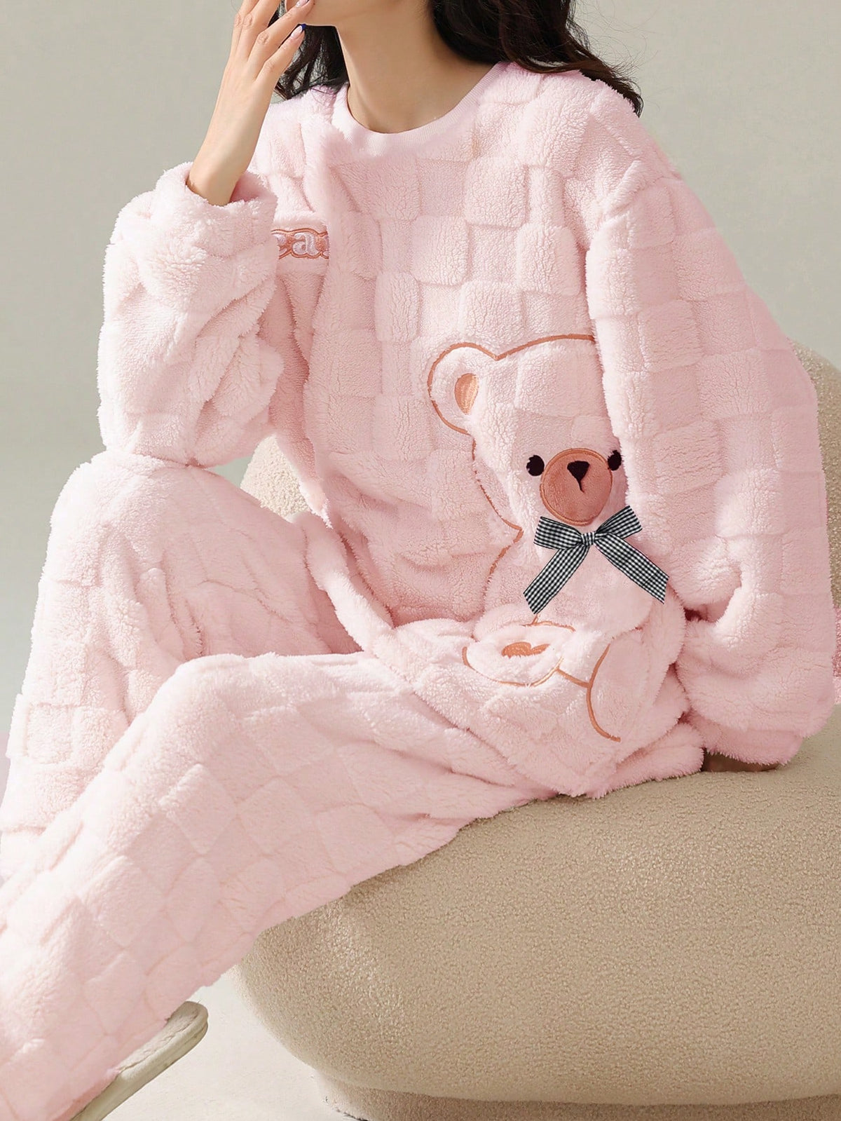 Pyjama en laine rayé mignon Ensemble de pyjama en flanelle de laine confortable avec motif d'ours