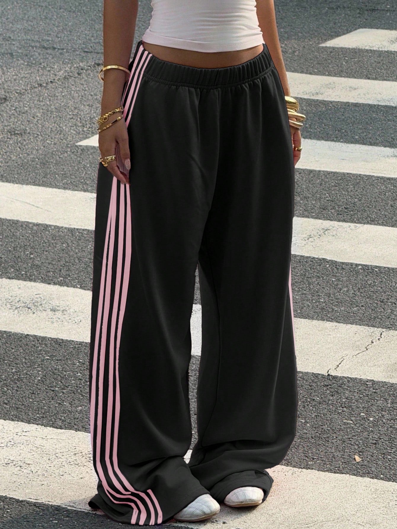 Muchica Pantalon de jogging décontracté à jambes larges en tricot noir pour femmes