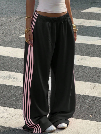 Muchica Pantalon de jogging décontracté à jambes larges en tricot noir pour femmes