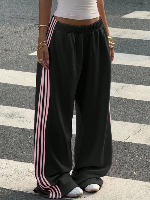 Muchica Pantalon de jogging décontracté à jambes larges en tricot noir pour femmes