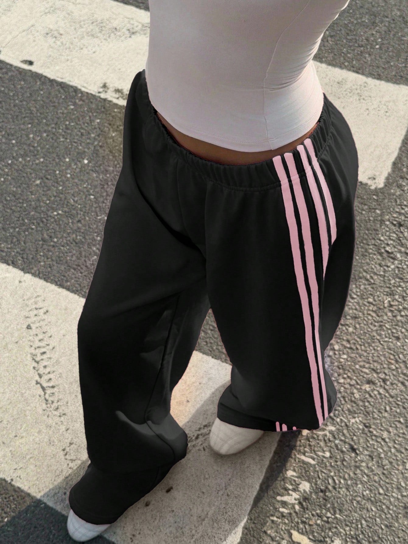 Muchica Pantalon de jogging décontracté à jambes larges en tricot noir pour femmes