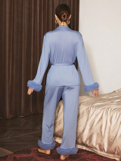 Slumberist Ensemble de pyjama ceinturé unicolore, vêtements d'automne et d'hiver