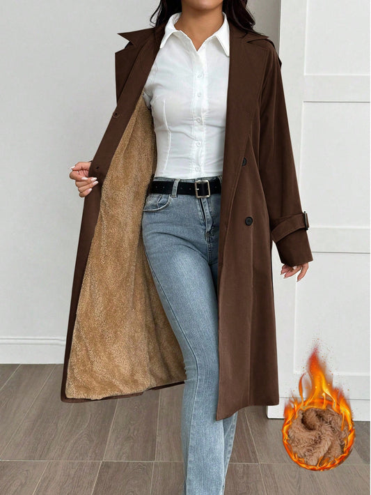 SHEIN PETITE Trench-coat long à manches longues minimaliste et casual de couleur unie pour femmes
