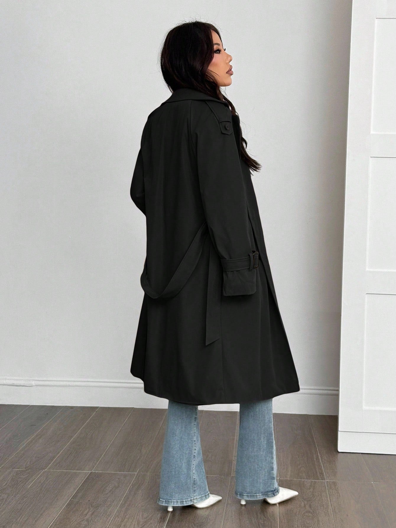 SHEIN PETITE Manteau trench doublé thermique de couleur unie simple, décontracté et pratique pour le quotidien. Automne/Hiver