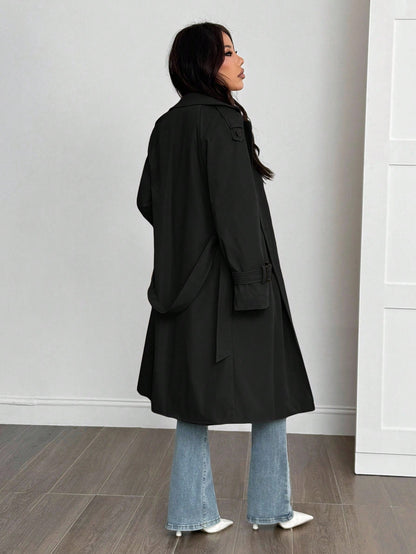 SHEIN PETITE Manteau trench doublé thermique de couleur unie simple, décontracté et pratique pour le quotidien. Automne/Hiver