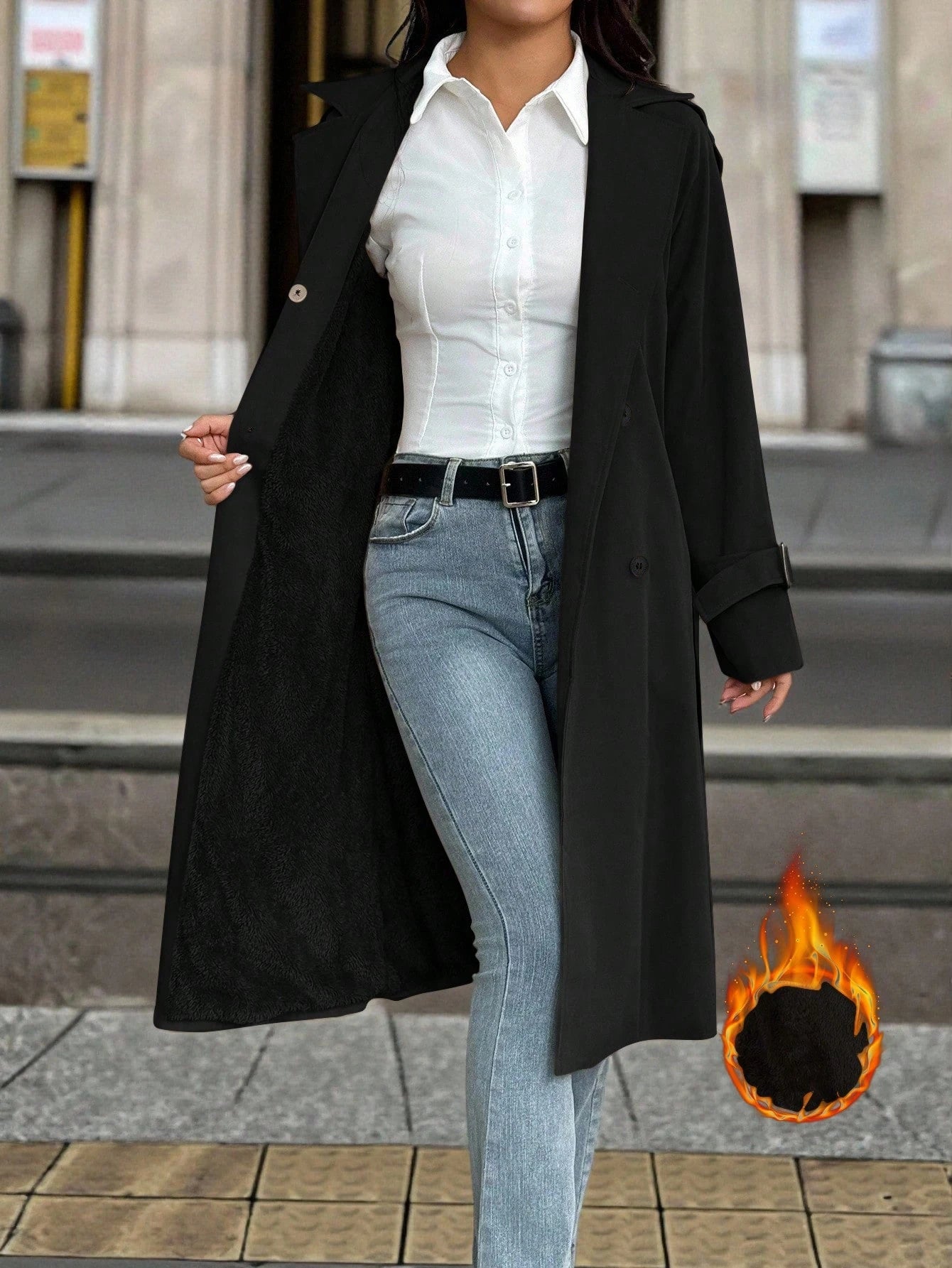 SHEIN PETITE Manteau trench doublé thermique de couleur unie simple, décontracté et pratique pour le quotidien. Automne/Hiver