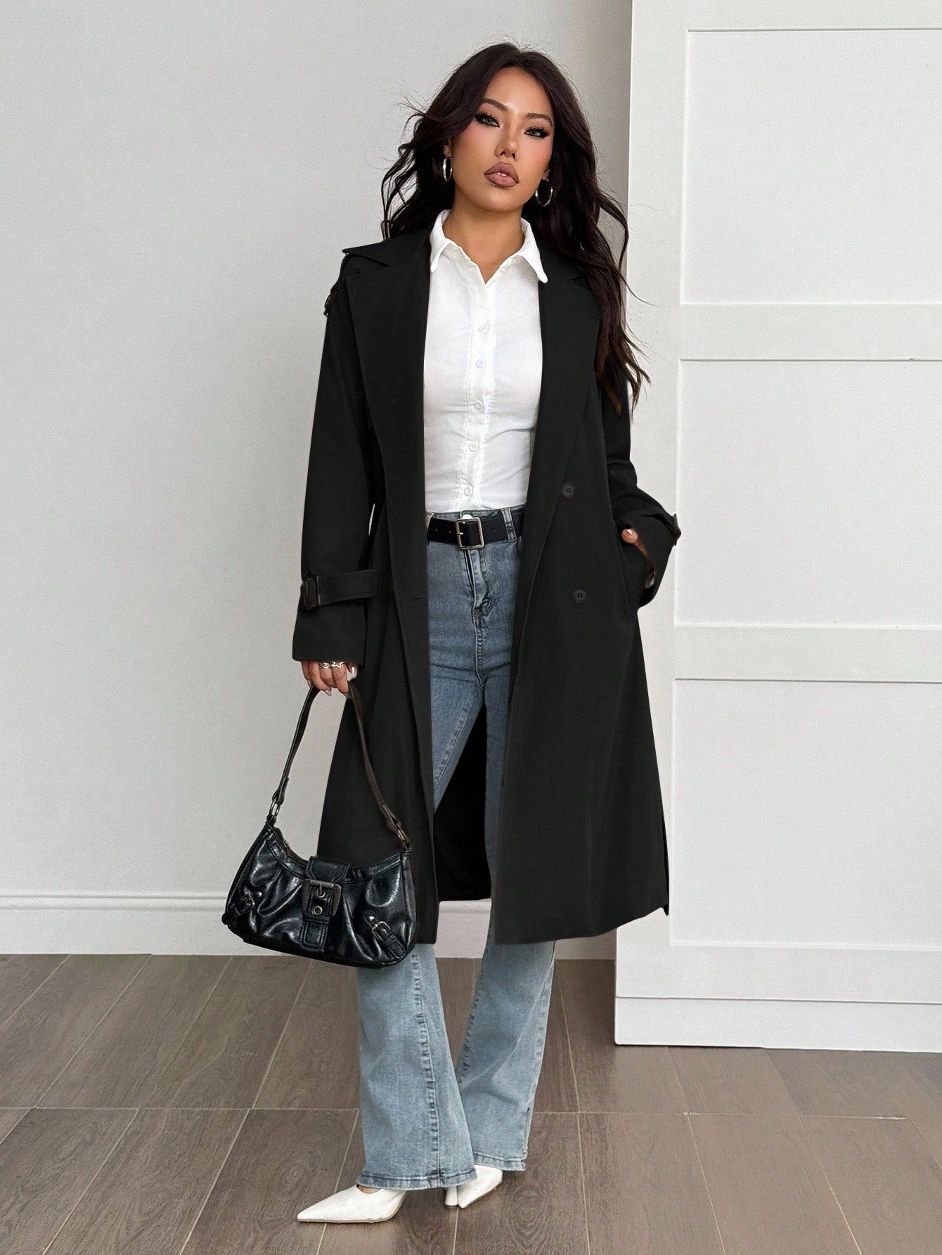 SHEIN PETITE Manteau trench doublé thermique de couleur unie simple, décontracté et pratique pour le quotidien. Automne/Hiver
