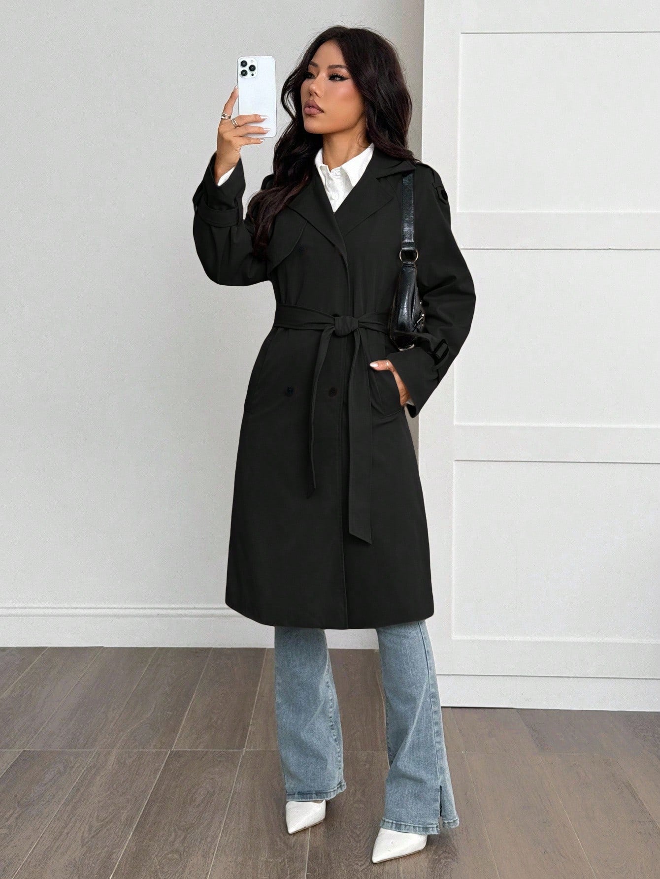 SHEIN PETITE Manteau trench doublé thermique de couleur unie simple, décontracté et pratique pour le quotidien. Automne/Hiver
