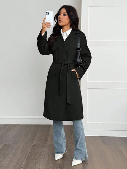 SHEIN PETITE Manteau trench doublé thermique de couleur unie simple, décontracté et pratique pour le quotidien. Automne/Hiver
