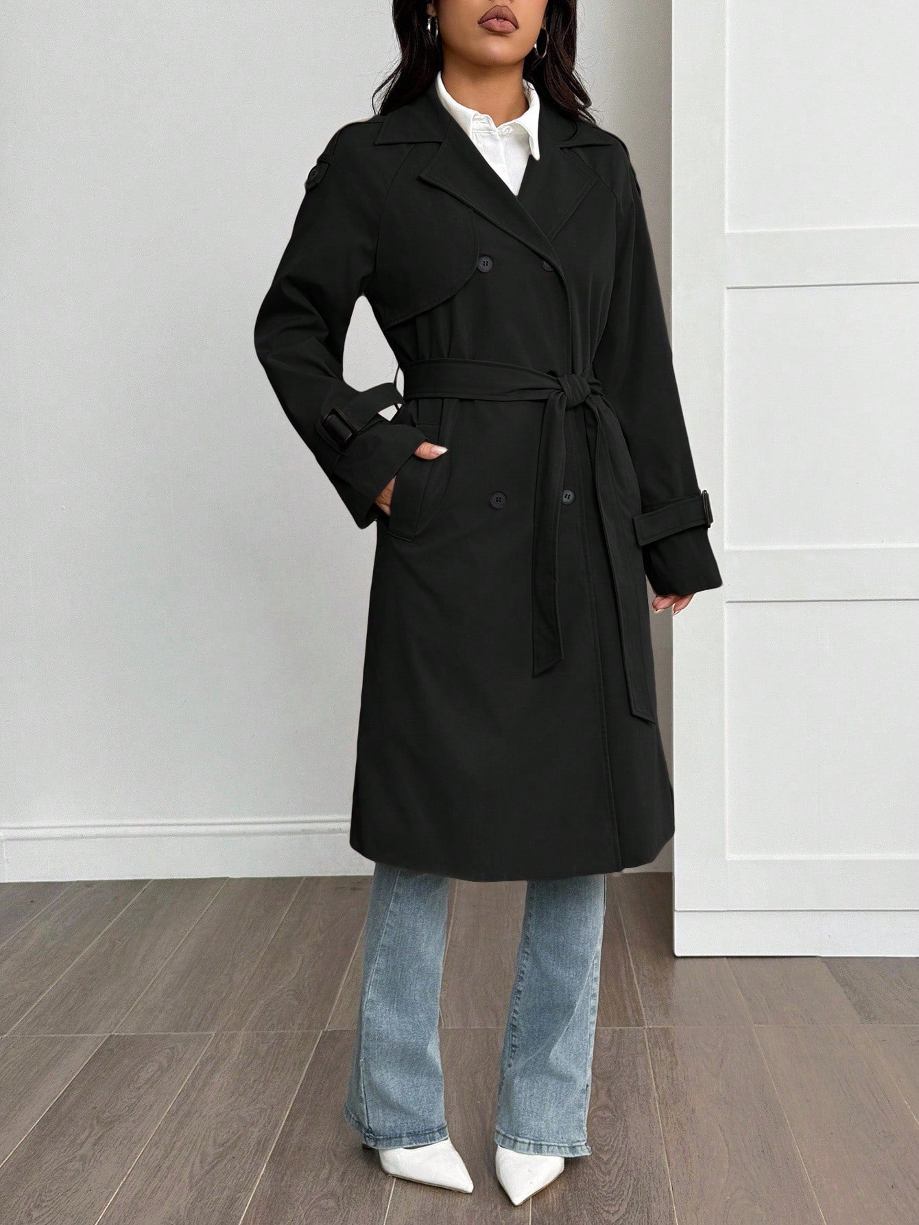 SHEIN PETITE Manteau trench doublé thermique de couleur unie simple, décontracté et pratique pour le quotidien. Automne/Hiver