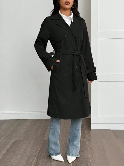 SHEIN PETITE Manteau trench doublé thermique de couleur unie simple, décontracté et pratique pour le quotidien. Automne/Hiver