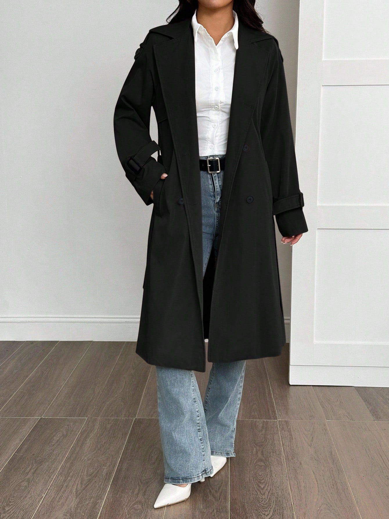 SHEIN PETITE Manteau trench doublé thermique de couleur unie simple, décontracté et pratique pour le quotidien. Automne/Hiver