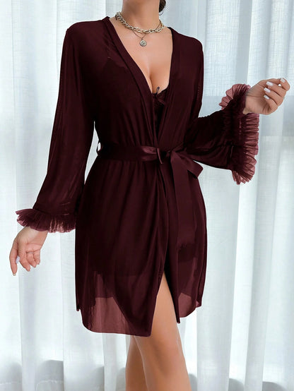 Slumberist Women's 2-Piece Lingerie Set – Lace Waist-Cinching Herringbone Chemise with Sheer Mesh Wide-Sleeve Robe