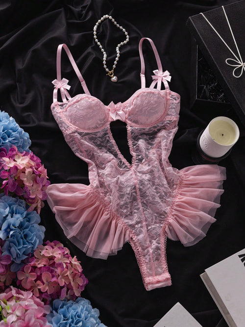 Seduluxe Body papillon en dentelle et tulle avec volants, maintien par armatures, sexy et transparent pour femmes