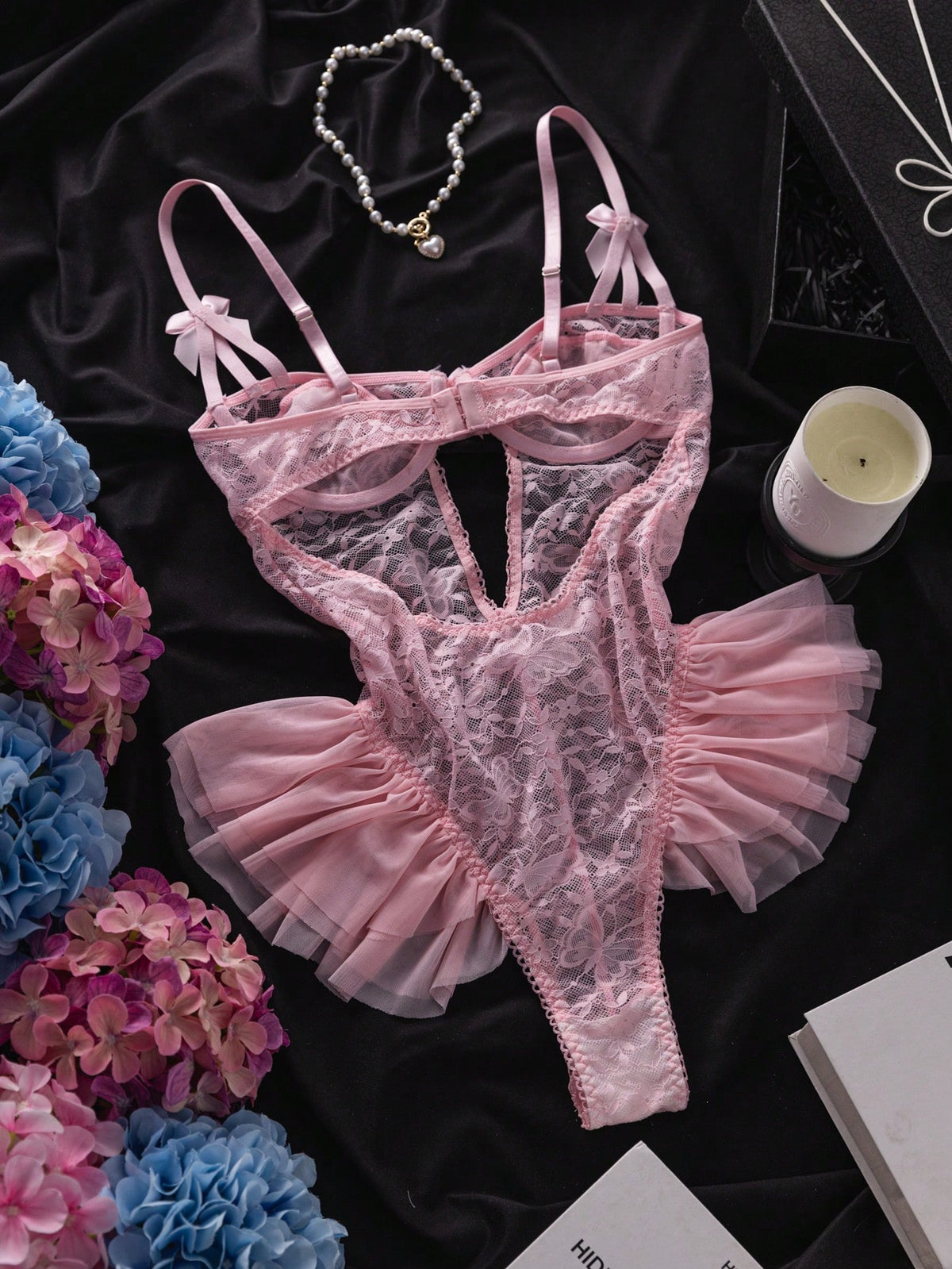 Seduluxe Body papillon en dentelle et tulle avec volants, maintien par armatures, sexy et transparent pour femmes