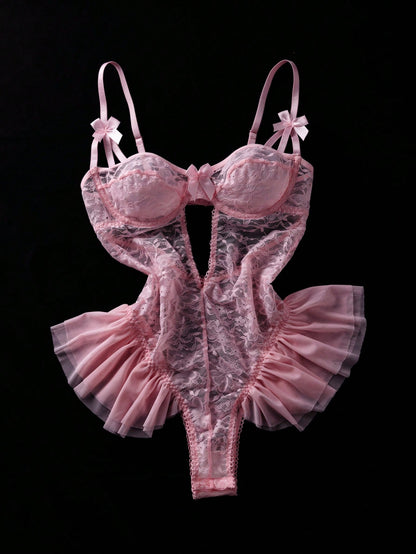 Seduluxe Body papillon en dentelle et tulle avec volants, maintien par armatures, sexy et transparent pour femmes