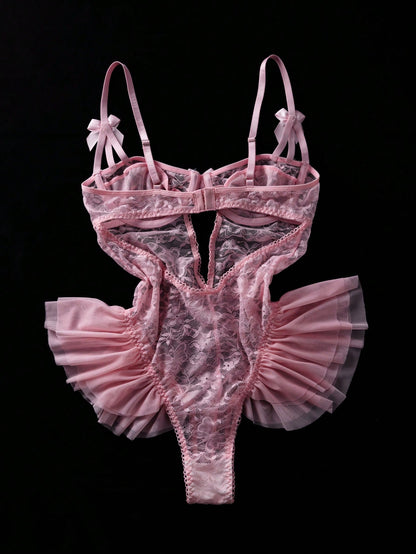 Seduluxe Body papillon en dentelle et tulle avec volants, maintien par armatures, sexy et transparent pour femmes