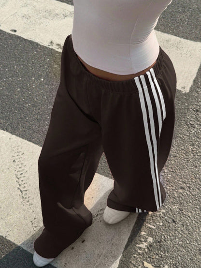Muchica Pantalon de survêtement en tricot décontracté pour femmes avec rayure latérale marron