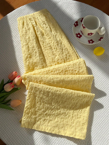 Elamini Pantalon droit à taille basse en coton jaune froissé avec cordon de serrage et poches