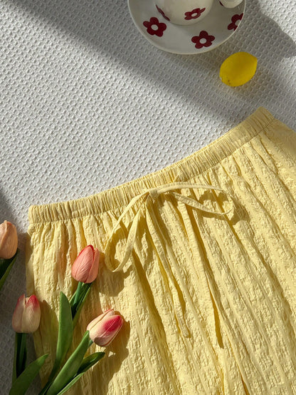 Elamini Pantalon droit à taille basse en coton jaune froissé avec cordon de serrage et poches