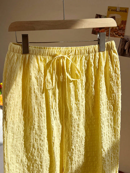Elamini Pantalon droit à taille basse en coton jaune froissé avec cordon de serrage et poches