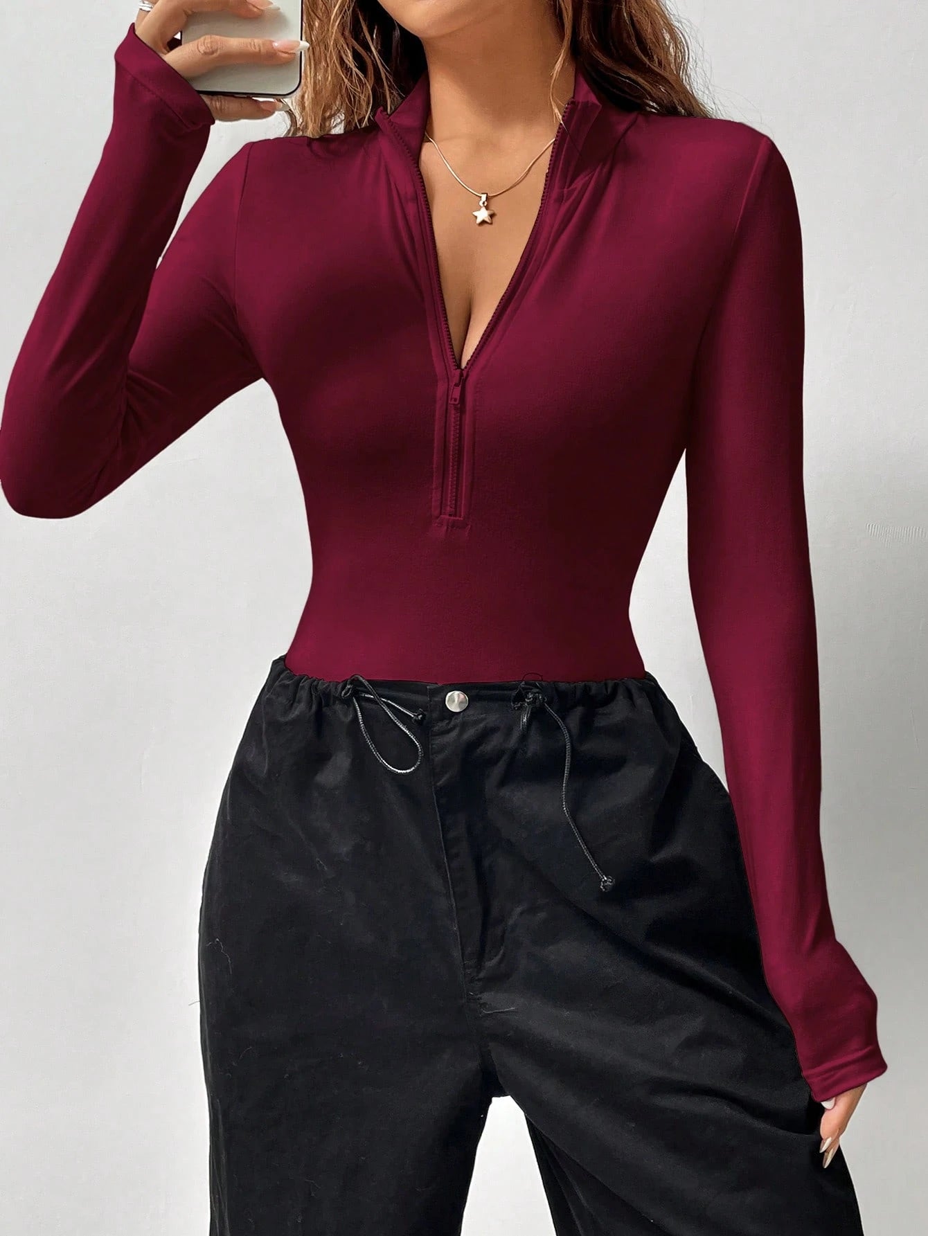 Flirla 1 pièce Body moulant à manches longues avec fermeture éclair devant