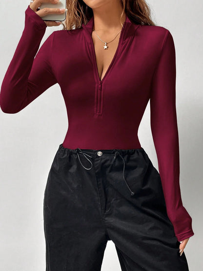Flirla 1 pièce Body moulant à manches longues avec fermeture éclair devant