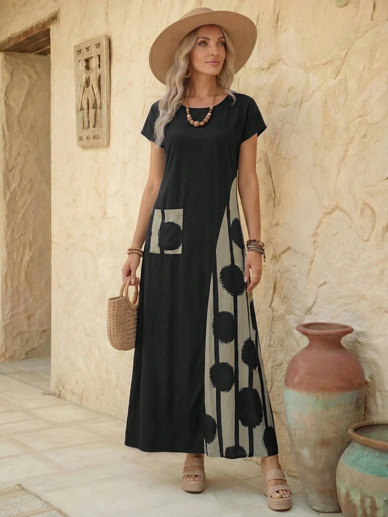 Faunlyn Robe d'été décontractée pour femmes avec imprimé patchwork blocs de couleurs