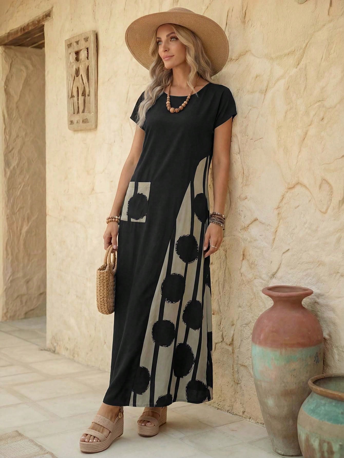 Faunlyn Robe d'été décontractée pour femmes avec imprimé patchwork blocs de couleurs