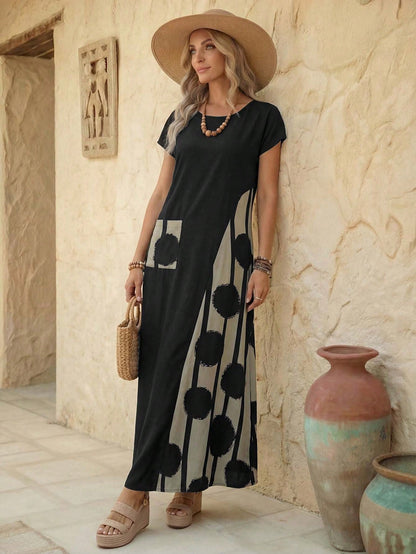 Faunlyn Robe d'été décontractée pour femmes avec imprimé patchwork blocs de couleurs