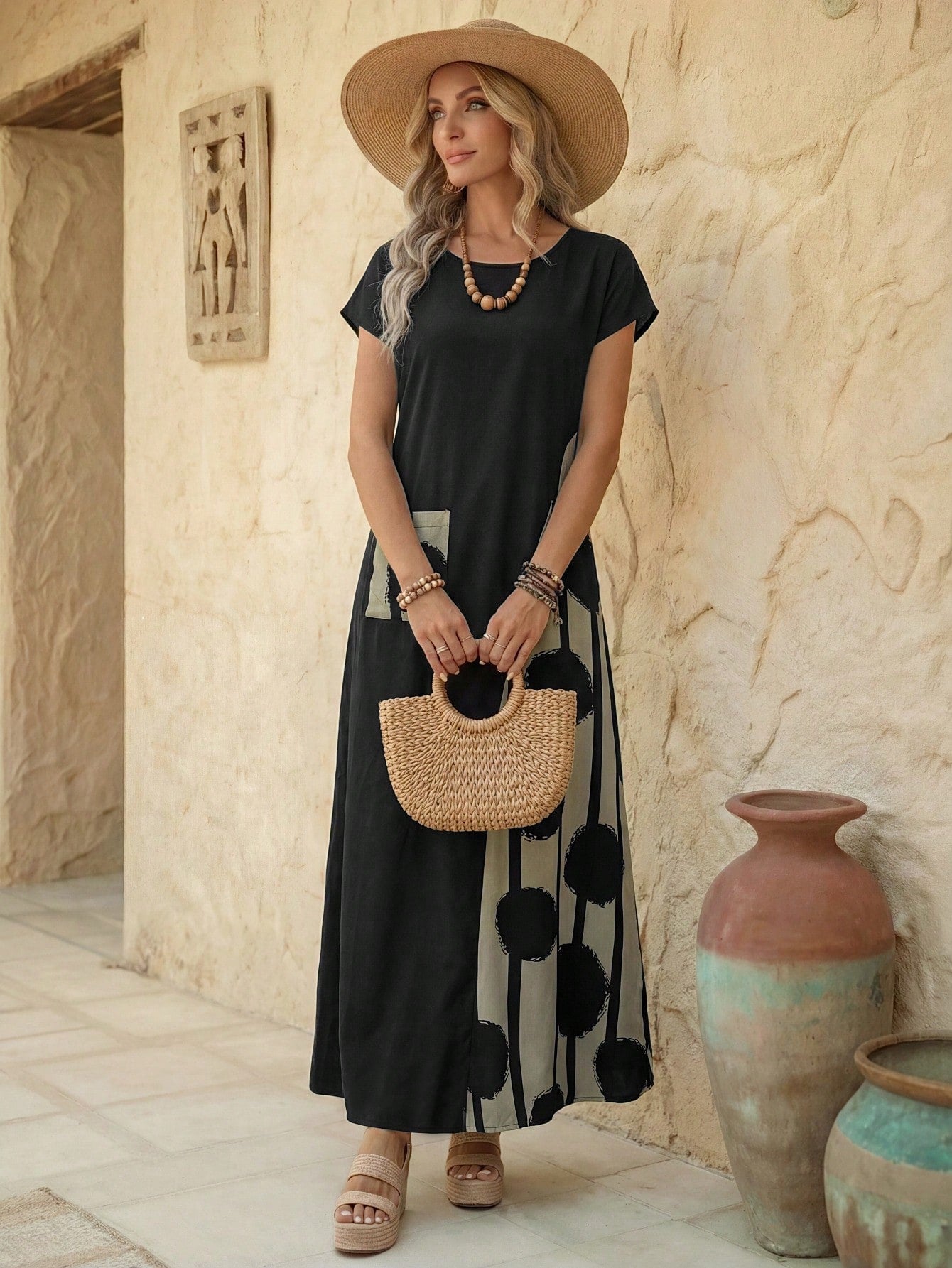 Faunlyn Robe d'été décontractée pour femmes avec imprimé patchwork blocs de couleurs