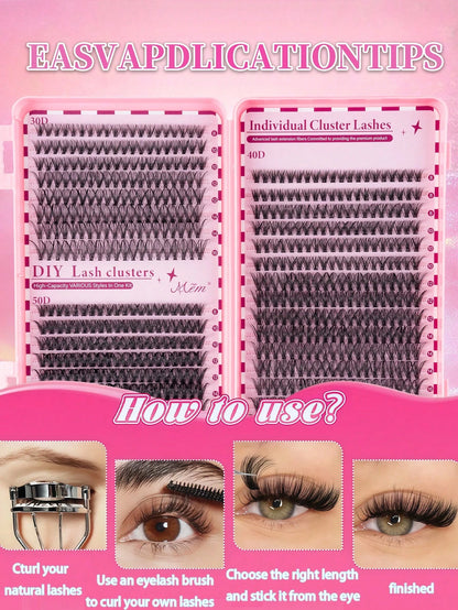 620 pièces Faux cils en grappe simple D Curl, kit d'extension de cils DIY, longueur mixte 8-16mm, comprend colle
