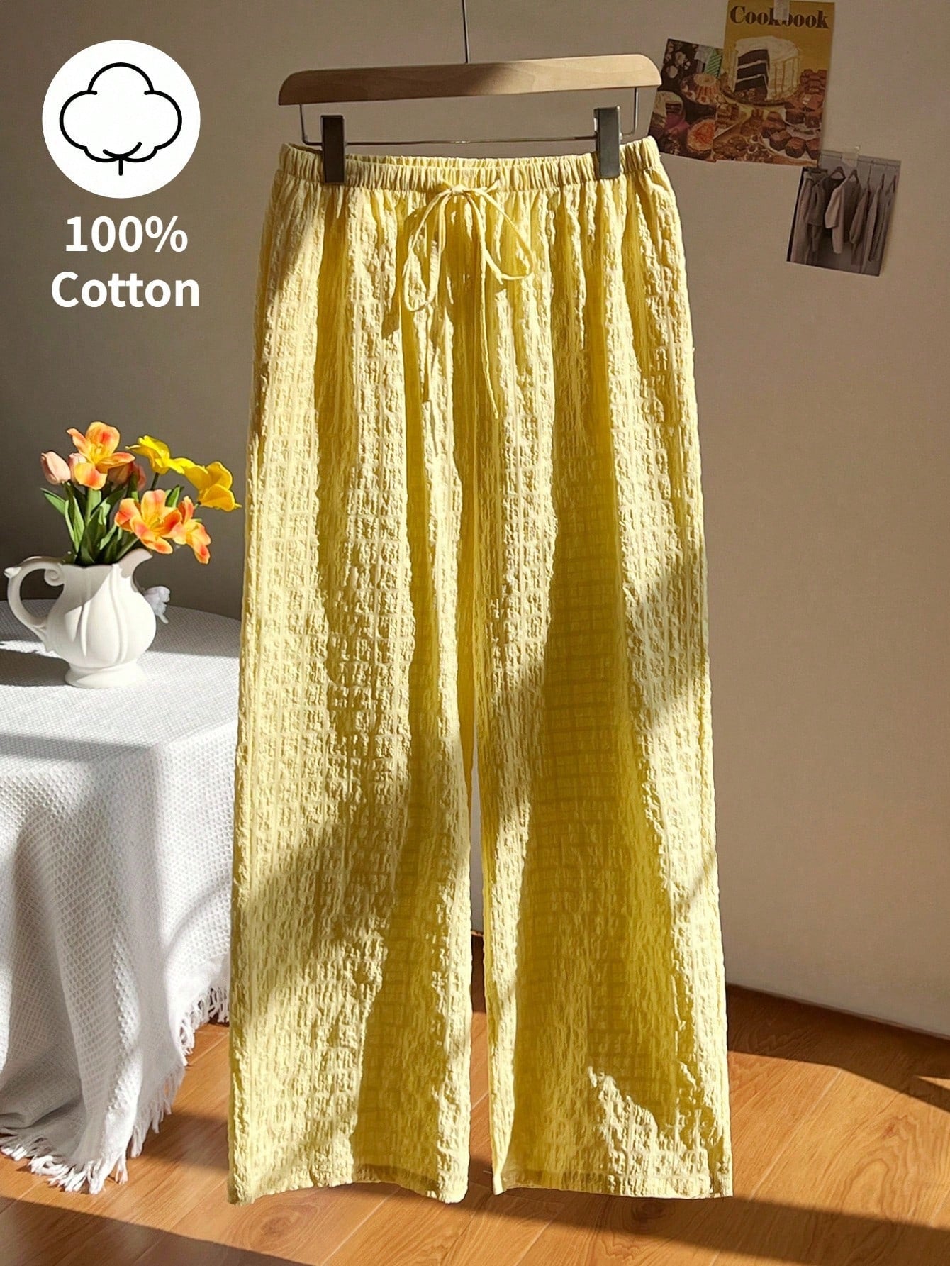 Elamini Pantalon droit à taille basse en coton jaune froissé avec cordon de serrage et poches