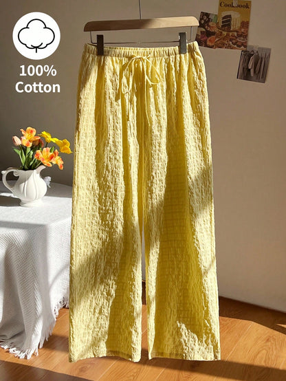 Elamini Pantalon droit à taille basse en coton jaune froissé avec cordon de serrage et poches