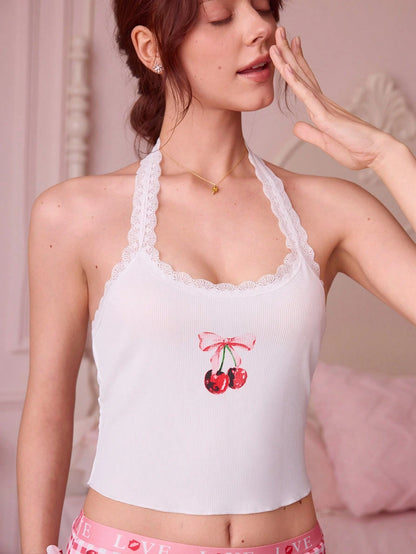Bonmuse Top de pyjama style Ins pour femmes avec imprimé cerise et panel en dentelle au col chérusque
