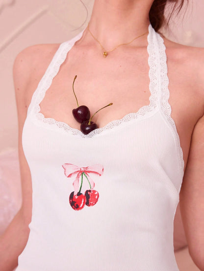 Bonmuse Top de pyjama style Ins pour femmes avec imprimé cerise et panel en dentelle au col chérusque