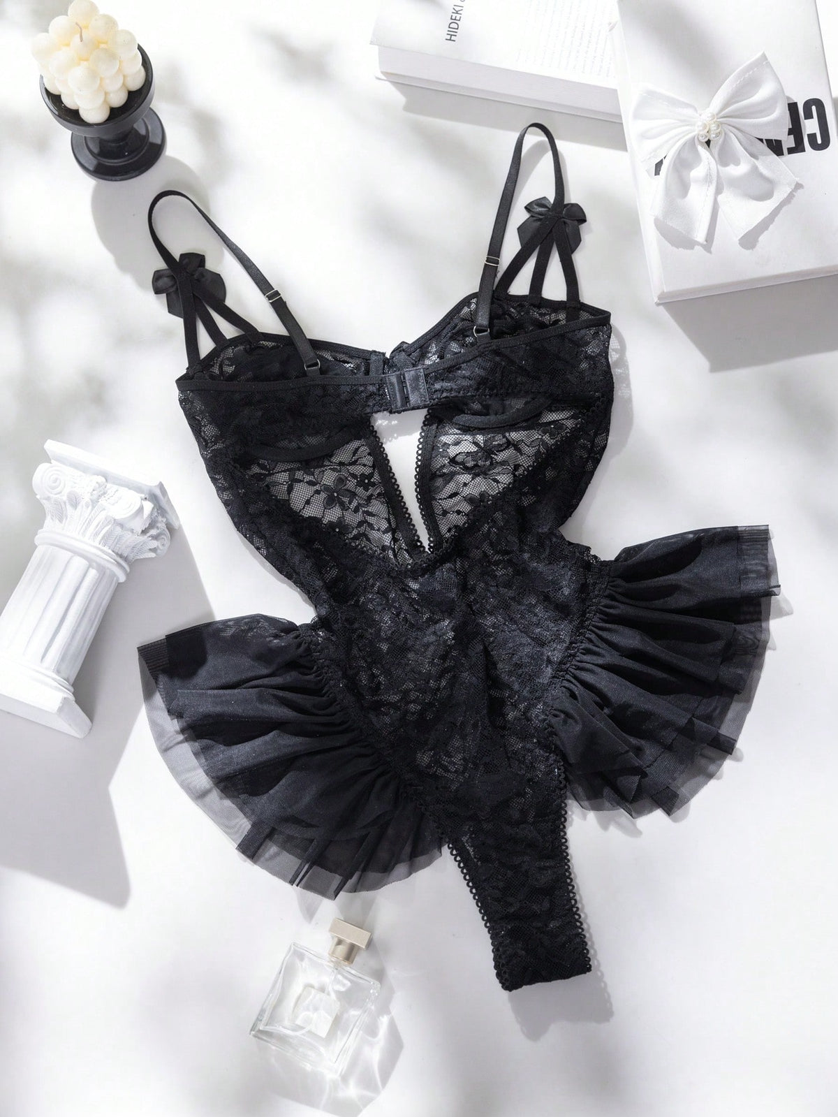 Seduluxe Body papillon en dentelle et tulle avec volants et armatures, sexy et transparent pour femmes
