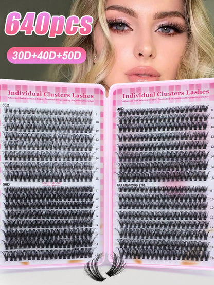 640 pièces Faux cils en grappe style D-Curl DIY, Grappes de cils 30D+40D+50D