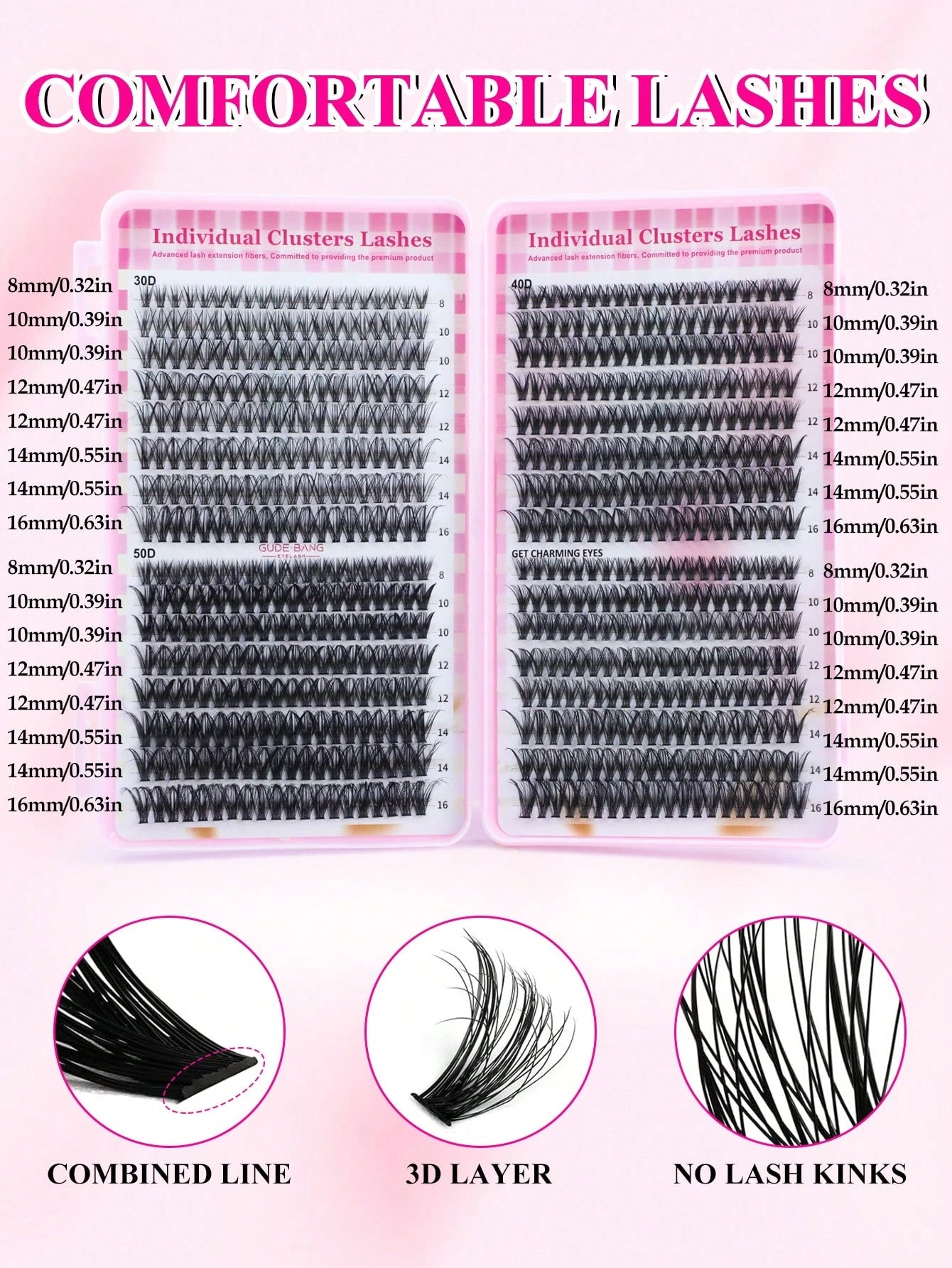 640 pièces Faux cils en grappe style D-Curl DIY, Grappes de cils 30D+40D+50D