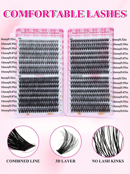 640 pièces Faux cils en grappe style D-Curl DIY, Grappes de cils 30D+40D+50D