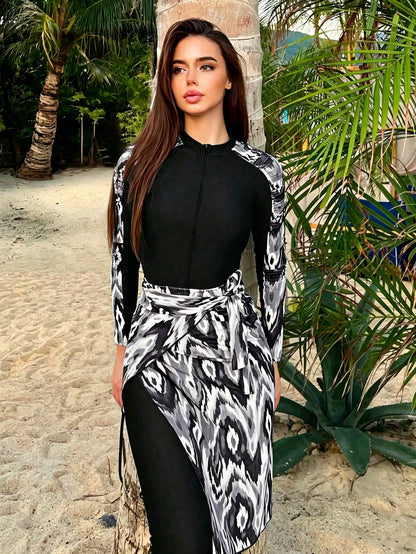 Swim Shayni Burkini de una sola pieza para mujeres con parches y estampados aleatorios