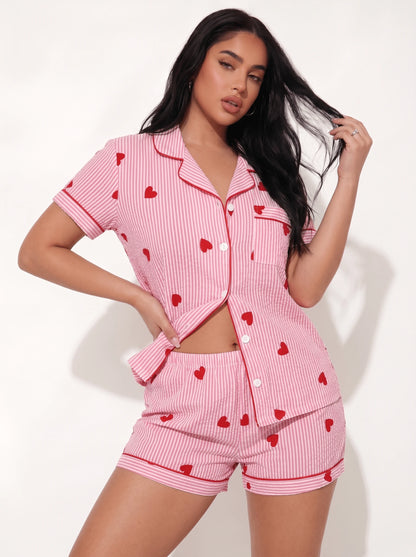 Snug League Conjunto de pijama de mujer con parte superior de manga corta con cuello de botones y pantalones
